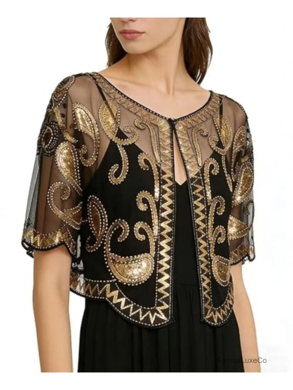 Lace Flapper Capelet Vintage 1920s Sequin Shawl Wrap Evening Dress Cover Up